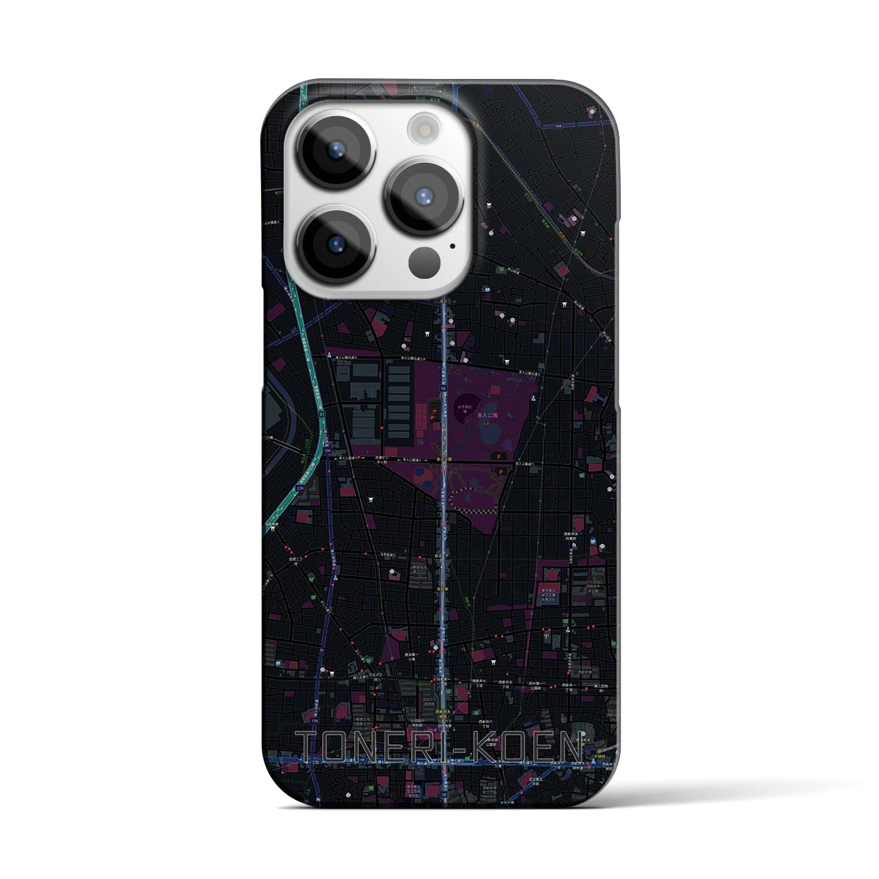 【舎人公園】地図柄iPhoneケース（バックカバータイプ・ブラック）iPhone 14 Pro 用