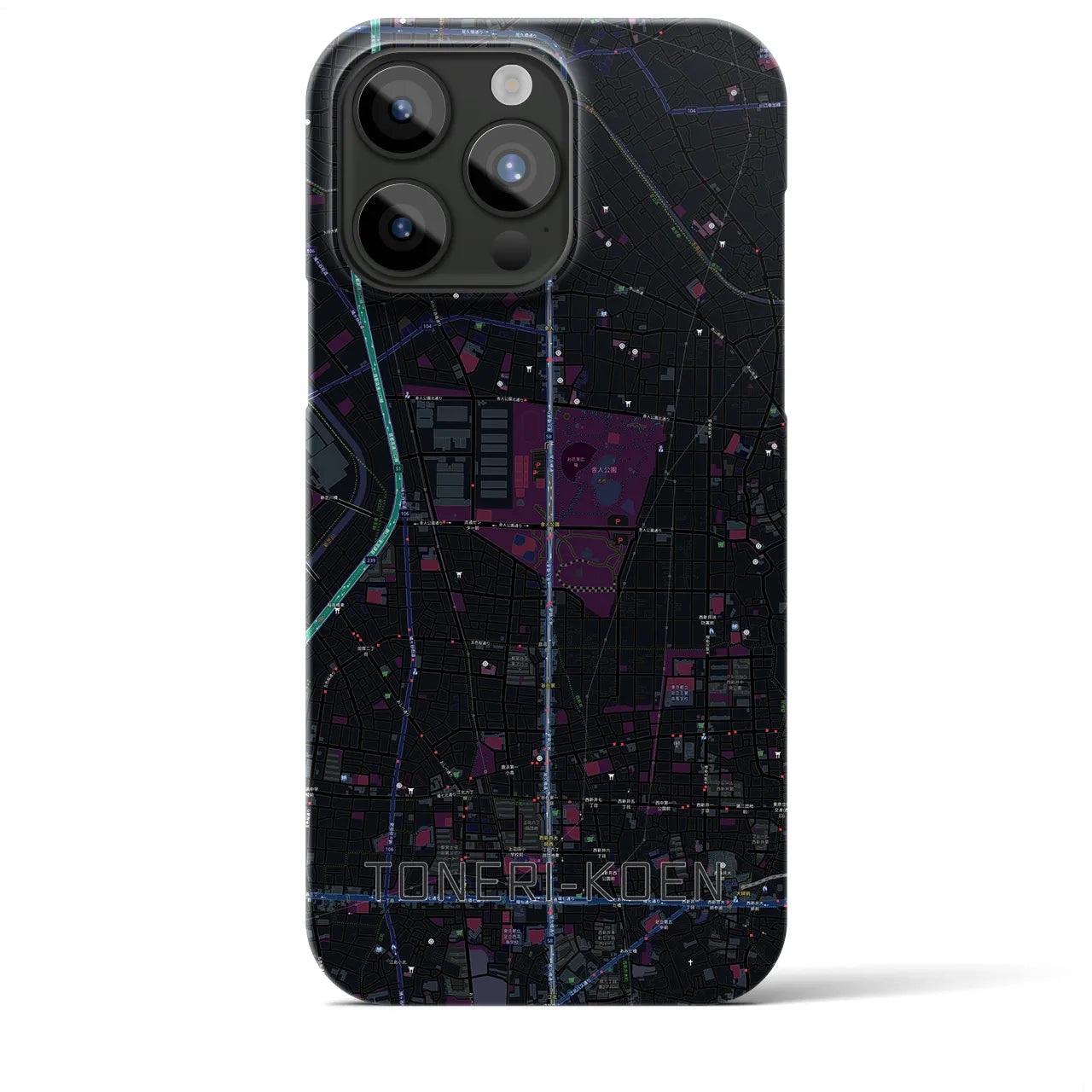 【舎人公園】地図柄iPhoneケース（バックカバータイプ・ブラック）iPhone 15 Pro Max 用