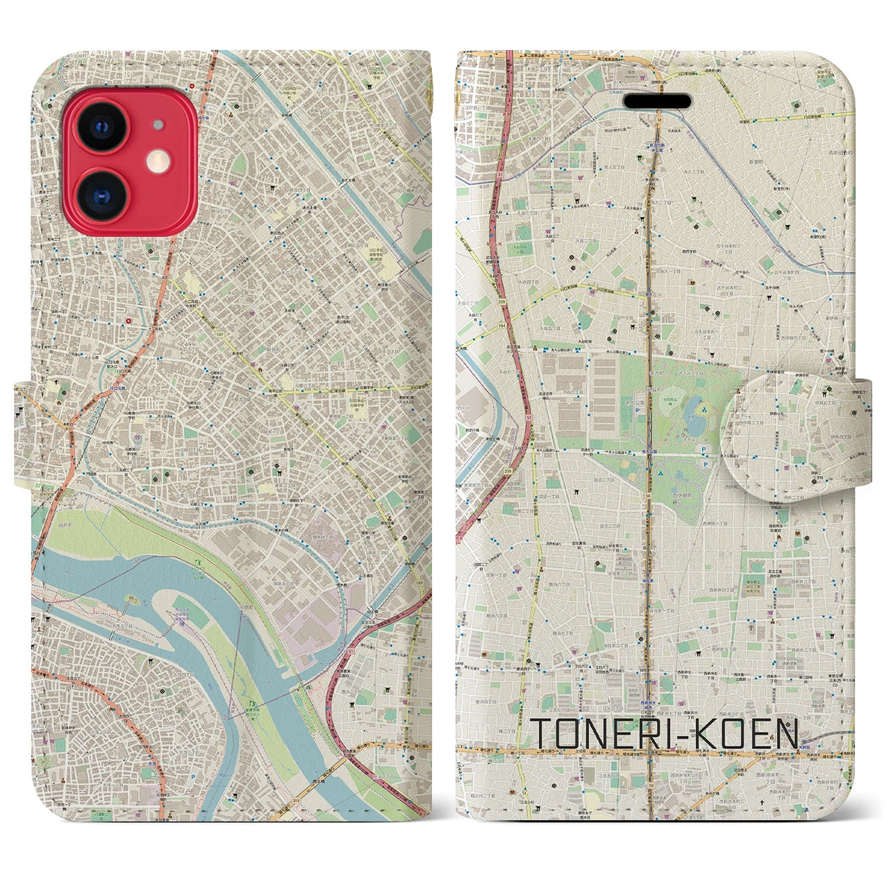 【舎人公園】地図柄iPhoneケース（手帳両面タイプ・ナチュラル）iPhone 11 用