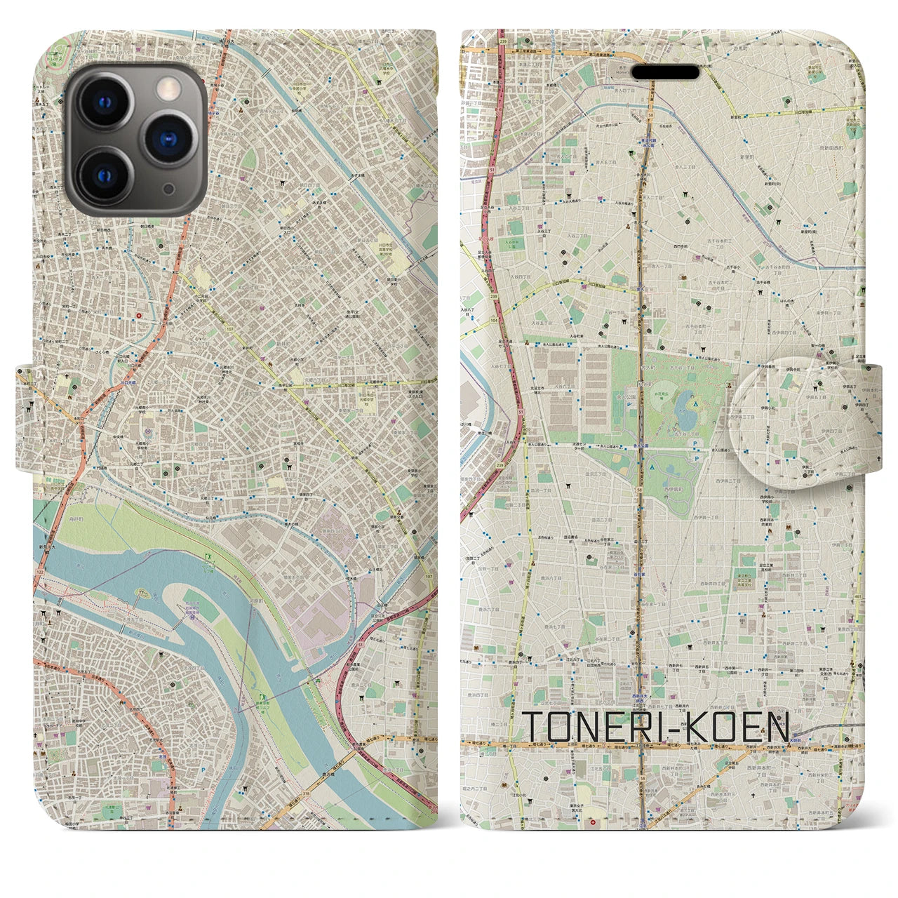 【舎人公園】地図柄iPhoneケース（手帳両面タイプ・ナチュラル）iPhone 11 Pro Max 用