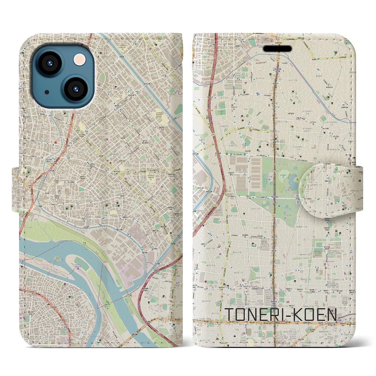 【舎人公園】地図柄iPhoneケース（手帳両面タイプ・ナチュラル）iPhone 13 用