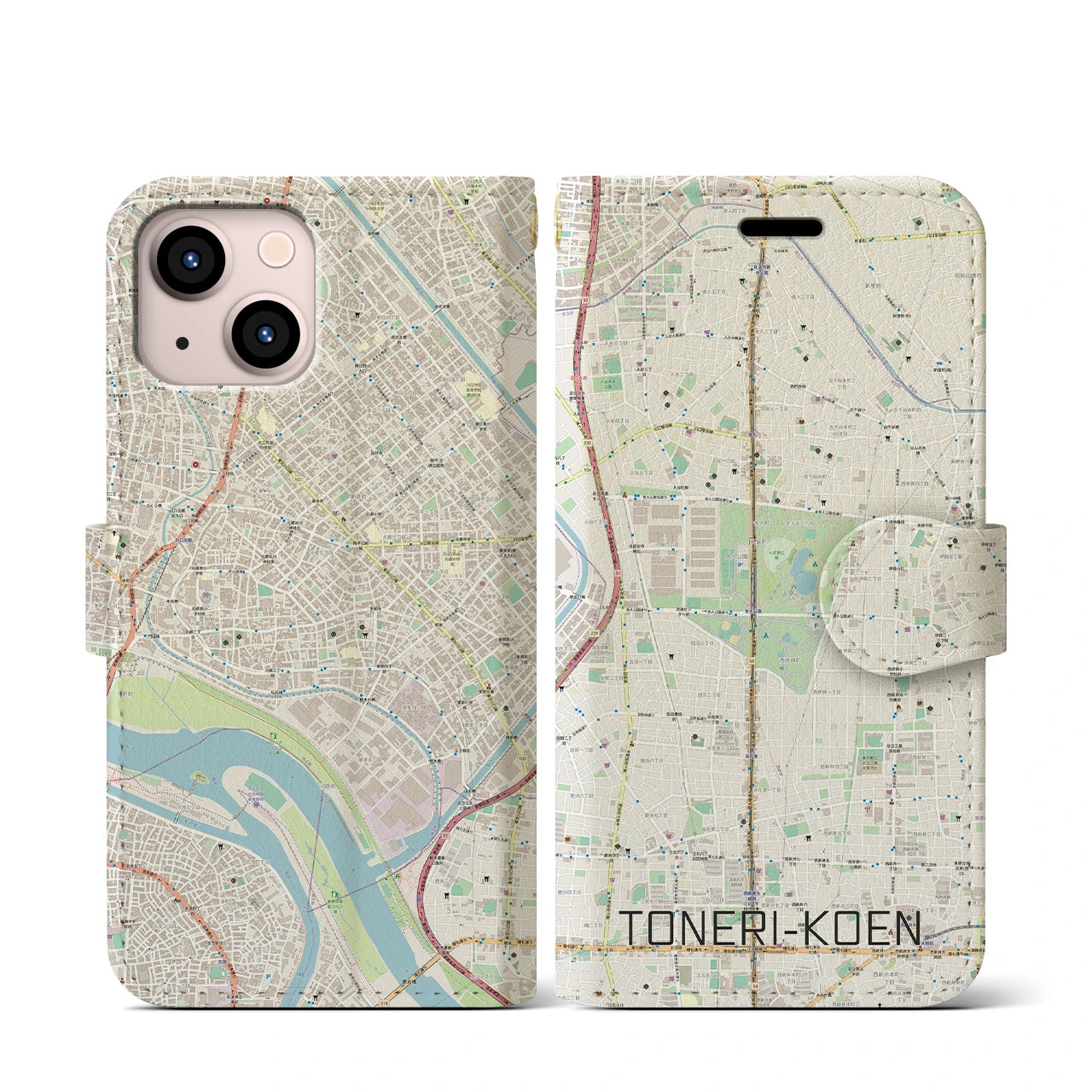 【舎人公園】地図柄iPhoneケース（手帳両面タイプ・ナチュラル）iPhone 13 mini 用
