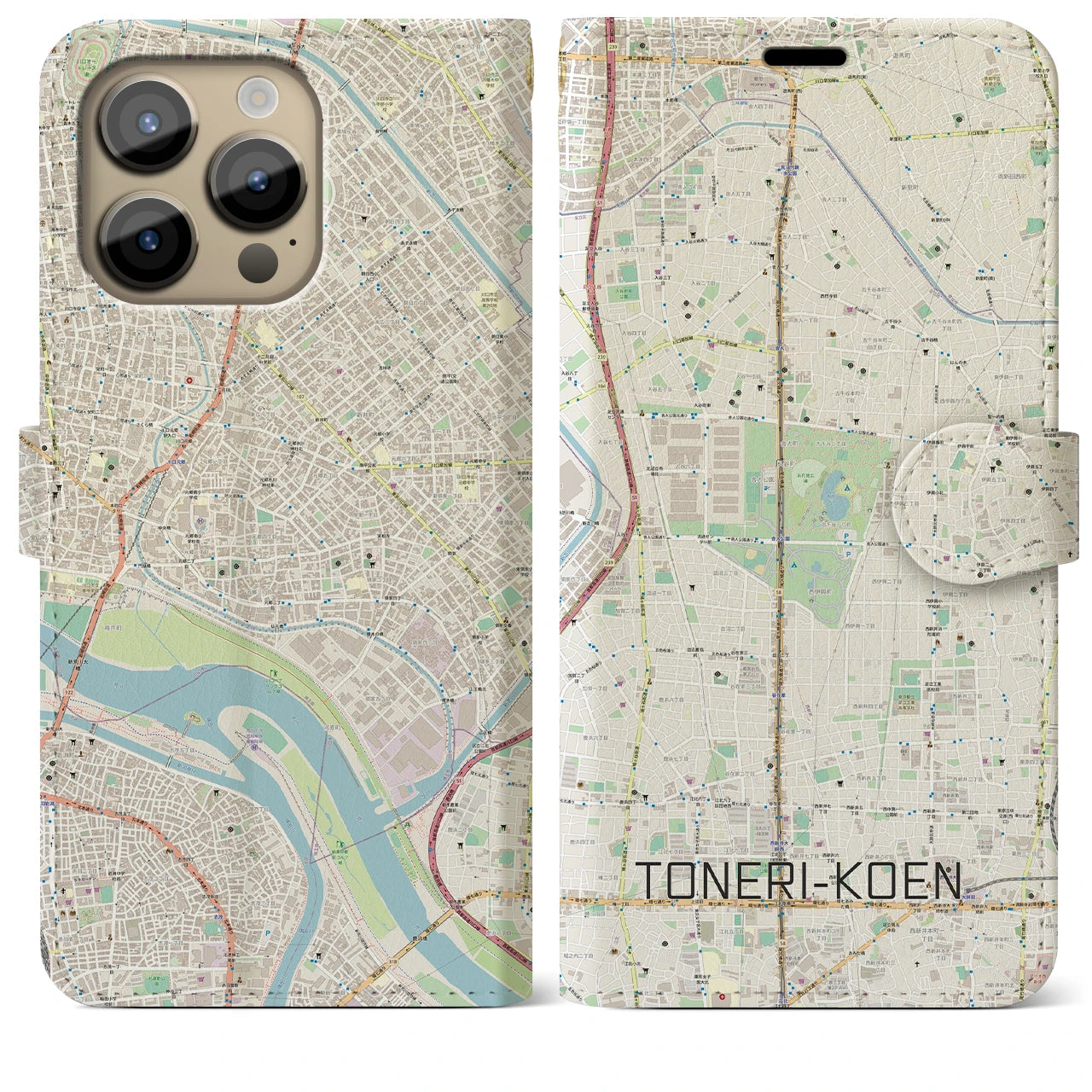 【舎人公園】地図柄iPhoneケース（手帳両面タイプ・ナチュラル）iPhone 14 Pro Max 用