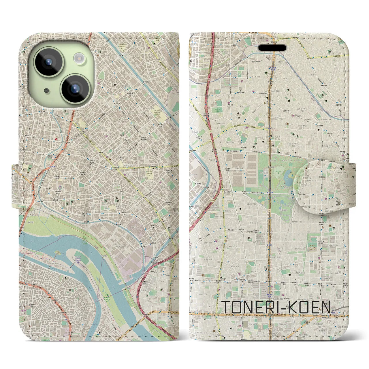 【舎人公園】地図柄iPhoneケース（手帳両面タイプ・ナチュラル）iPhone 15 用