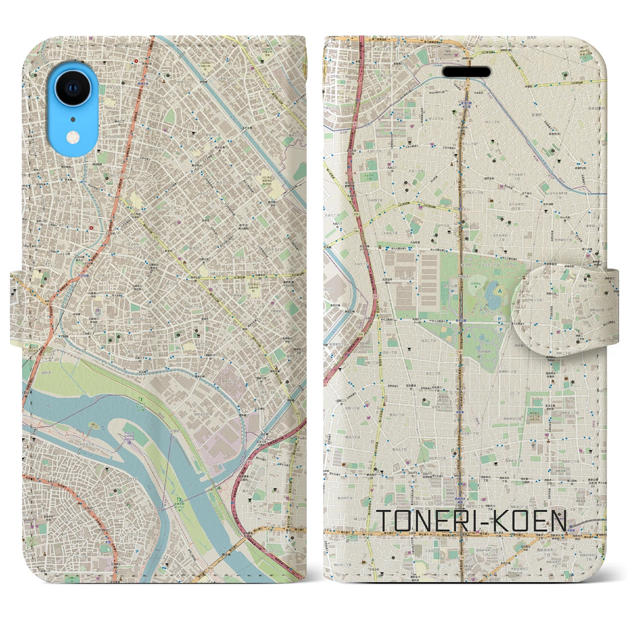 【舎人公園】地図柄iPhoneケース（手帳両面タイプ・ナチュラル）iPhone XR 用