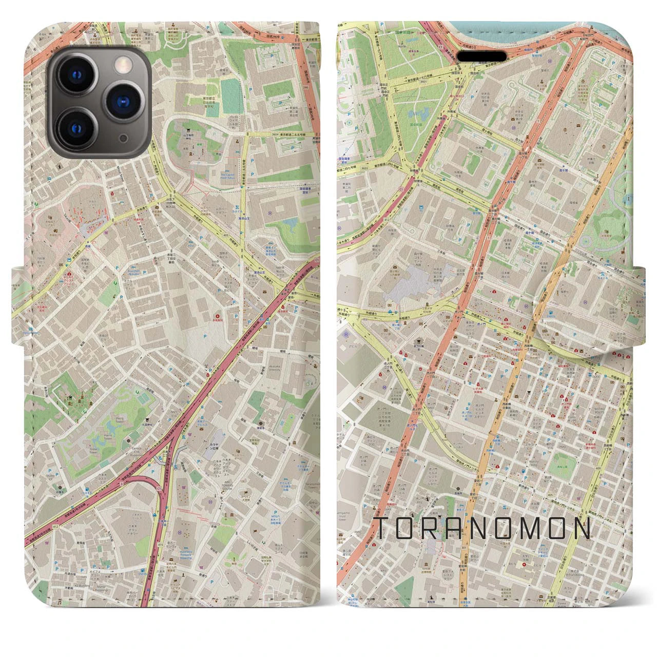 【虎ノ門】地図柄iPhoneケース（手帳両面タイプ・ナチュラル）iPhone 11 Pro Max 用