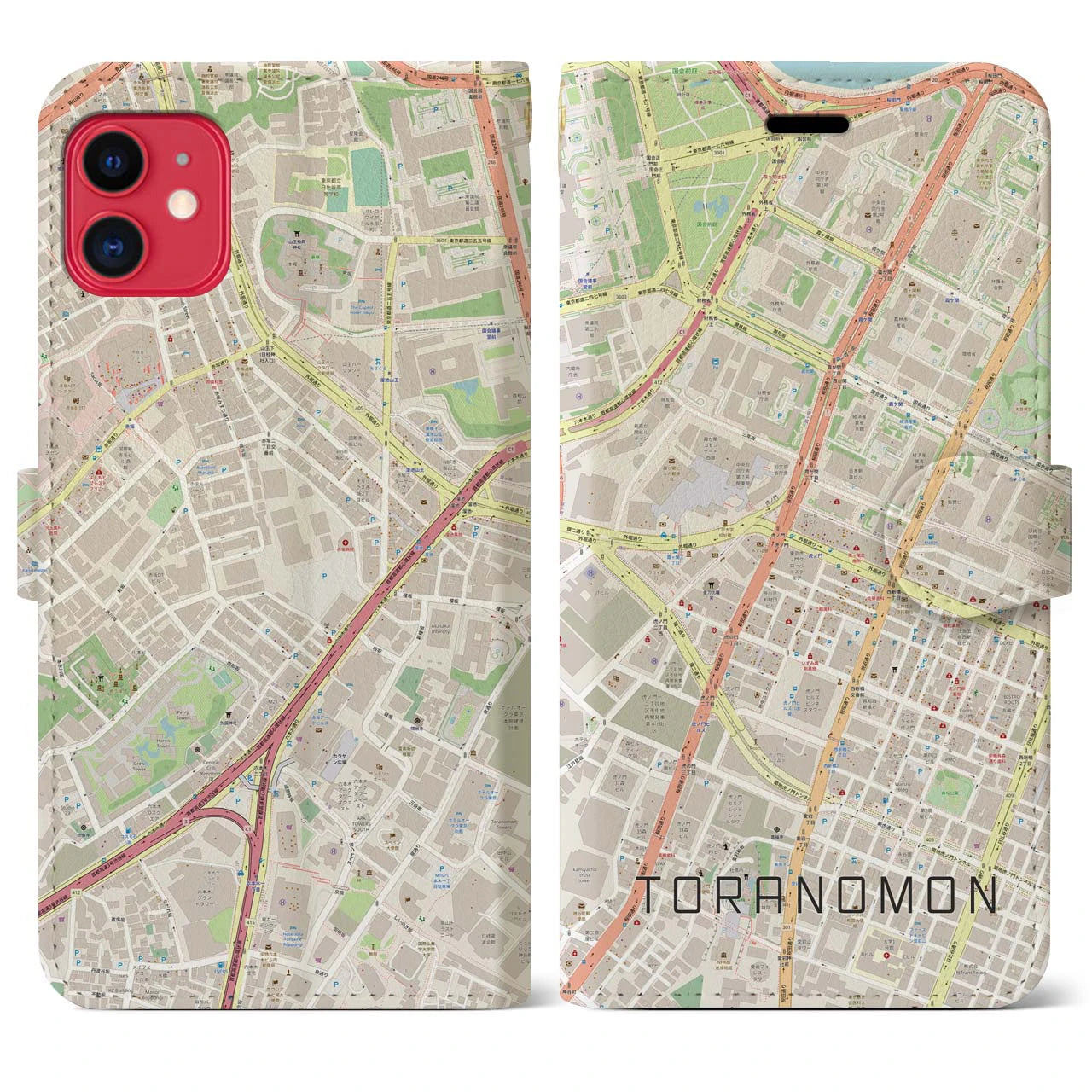 【虎ノ門】地図柄iPhoneケース（手帳両面タイプ・ナチュラル）iPhone 11 用