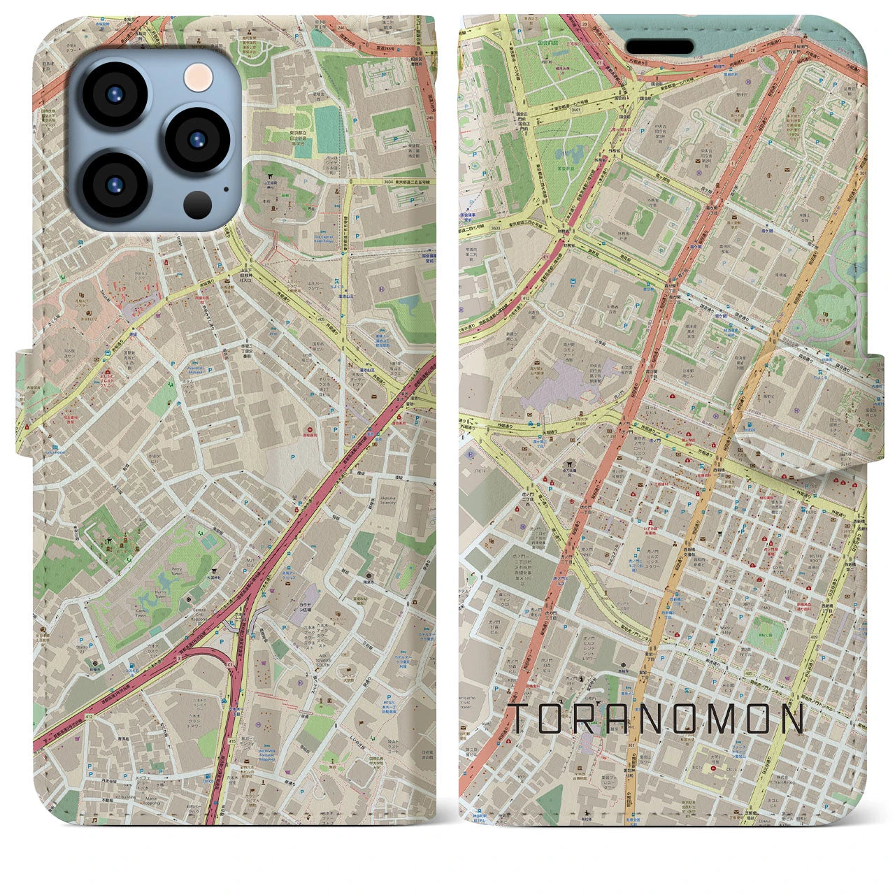 【虎ノ門（東京都）】地図柄iPhoneケース（手帳タイプ）ナチュラル・iPhone 13 Pro Max 用