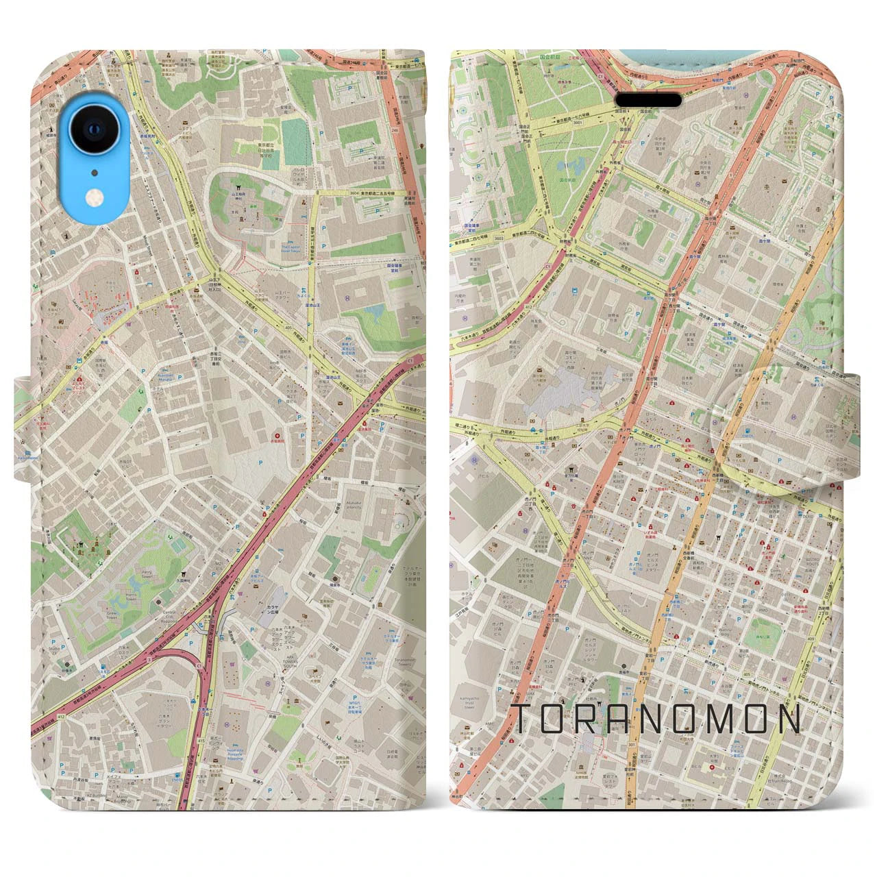 【虎ノ門】地図柄iPhoneケース（手帳両面タイプ・ナチュラル）iPhone XR 用