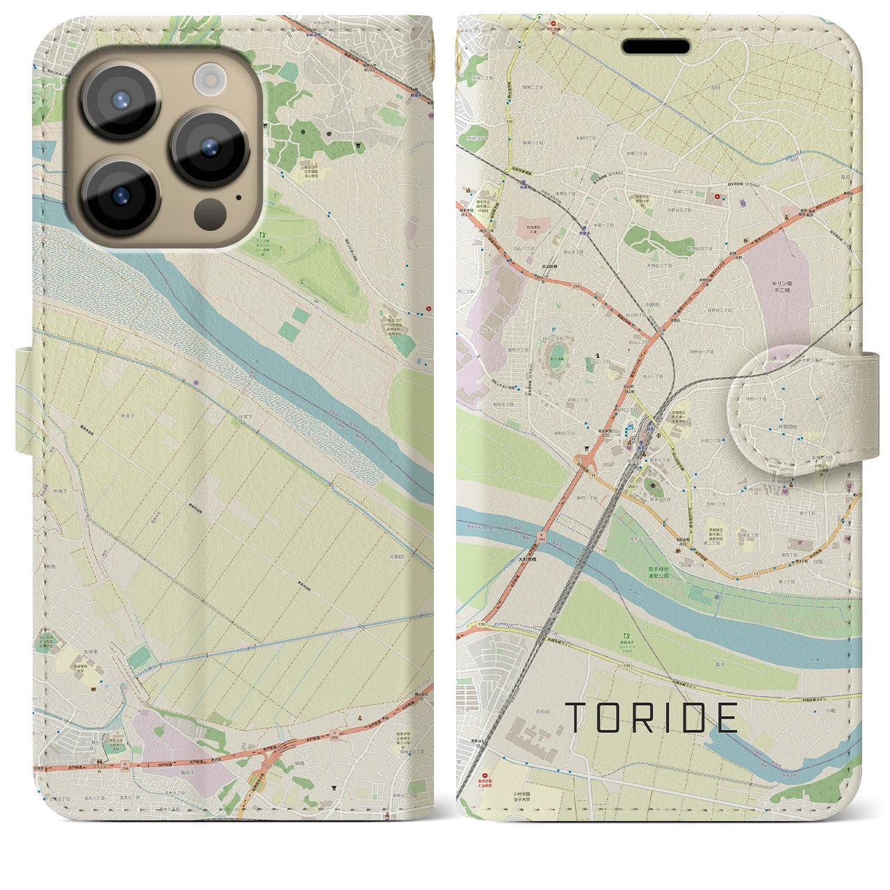 【取手】地図柄iPhoneケース（手帳両面タイプ・ナチュラル）iPhone 14 Pro Max 用