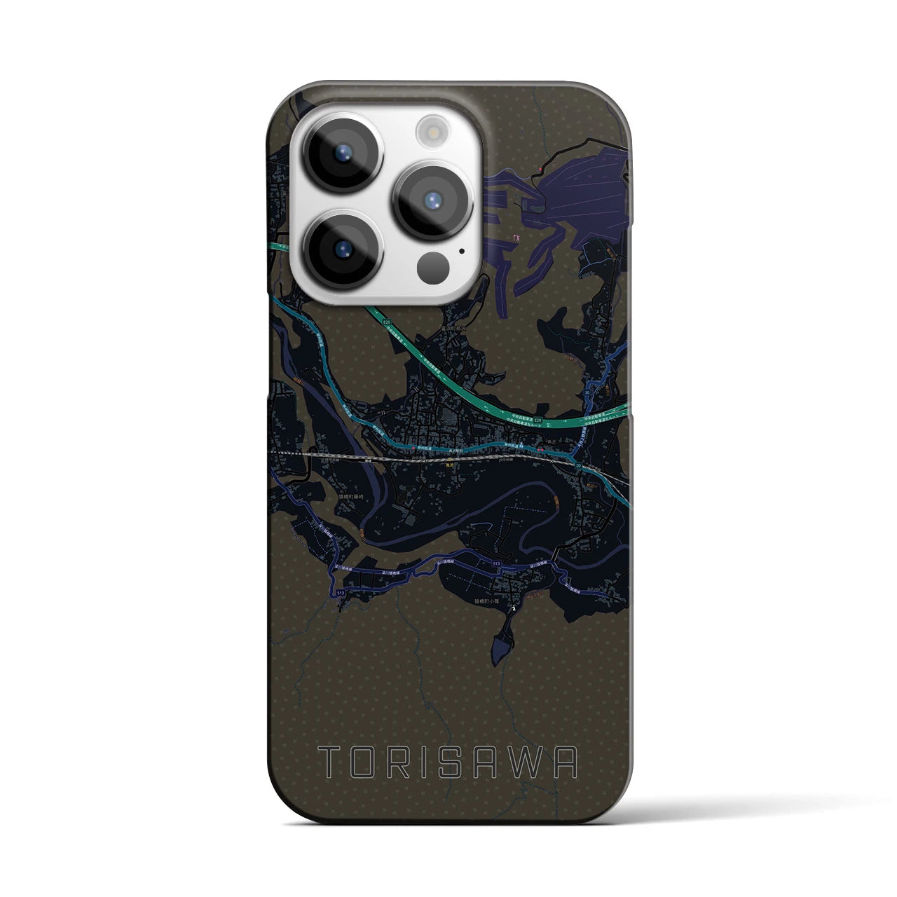 【鳥沢】地図柄iPhoneケース（バックカバータイプ・ブラック）iPhone 14 Pro 用