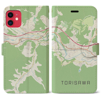【鳥沢（山梨県）】地図柄iPhoneケース（手帳タイプ）ナチュラル・iPhone 11 用