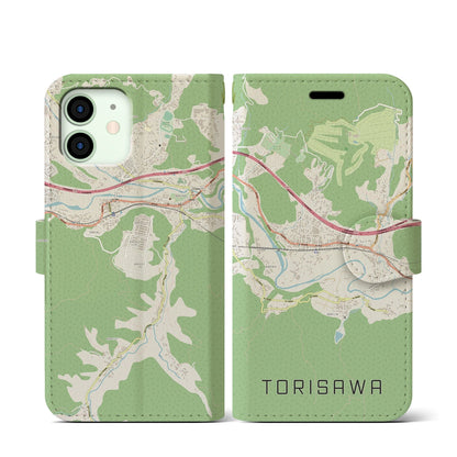 【鳥沢（山梨県）】地図柄iPhoneケース（手帳タイプ）ナチュラル・iPhone 12 mini 用