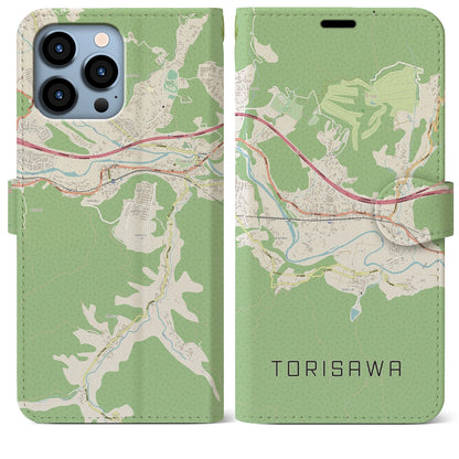 【鳥沢（山梨県）】地図柄iPhoneケース（手帳タイプ）ナチュラル・iPhone 13 Pro Max 用