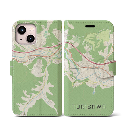 【鳥沢（山梨県）】地図柄iPhoneケース（手帳タイプ）ナチュラル・iPhone 13 mini 用