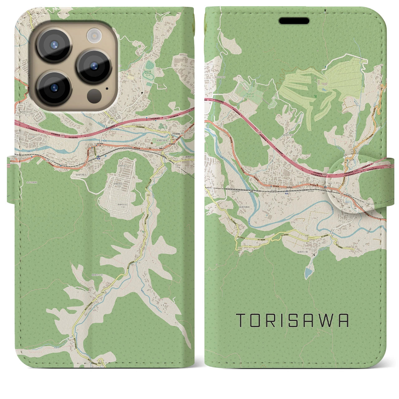 【鳥沢】地図柄iPhoneケース（手帳両面タイプ・ナチュラル）iPhone 14 Pro Max 用