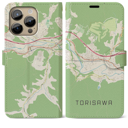 【鳥沢（山梨県）】地図柄iPhoneケース（手帳タイプ）ナチュラル・iPhone 14 Pro Max 用