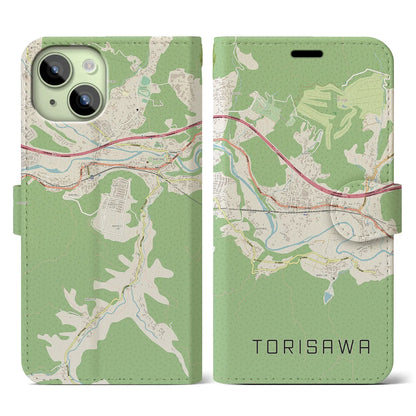 【鳥沢（山梨県）】地図柄iPhoneケース（手帳タイプ）ナチュラル・iPhone 15 用