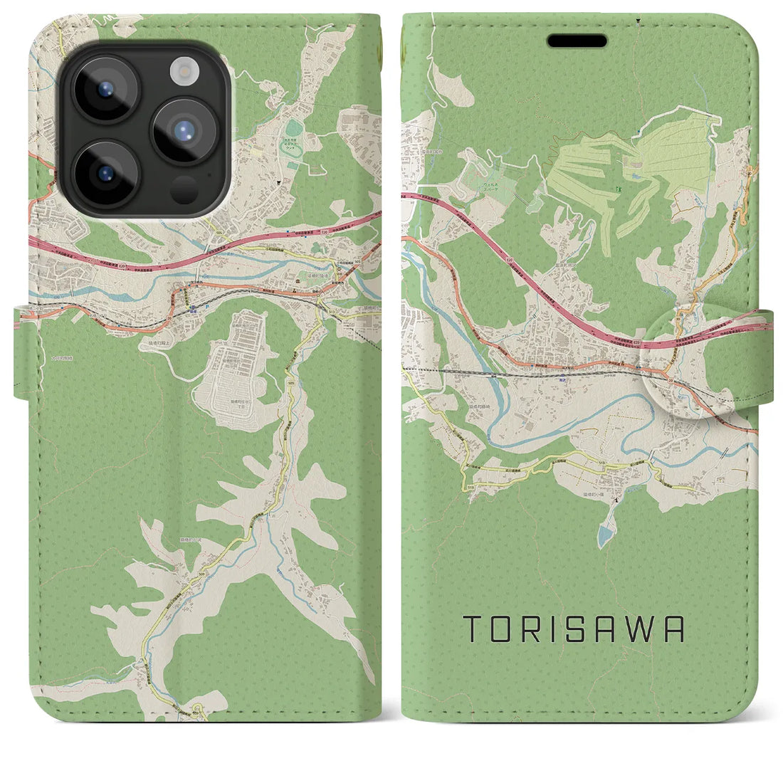 【鳥沢】地図柄iPhoneケース（手帳両面タイプ・ナチュラル）iPhone 15 Pro Max 用