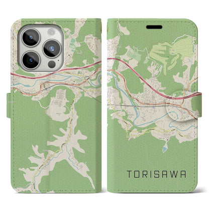 【鳥沢（山梨県）】地図柄iPhoneケース（手帳タイプ）ナチュラル・iPhone 15 Pro 用