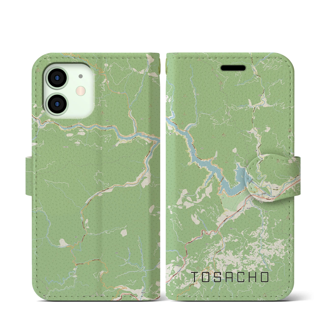 【土佐町】地図柄iPhoneケース（手帳両面タイプ・ナチュラル）iPhone 12 mini 用