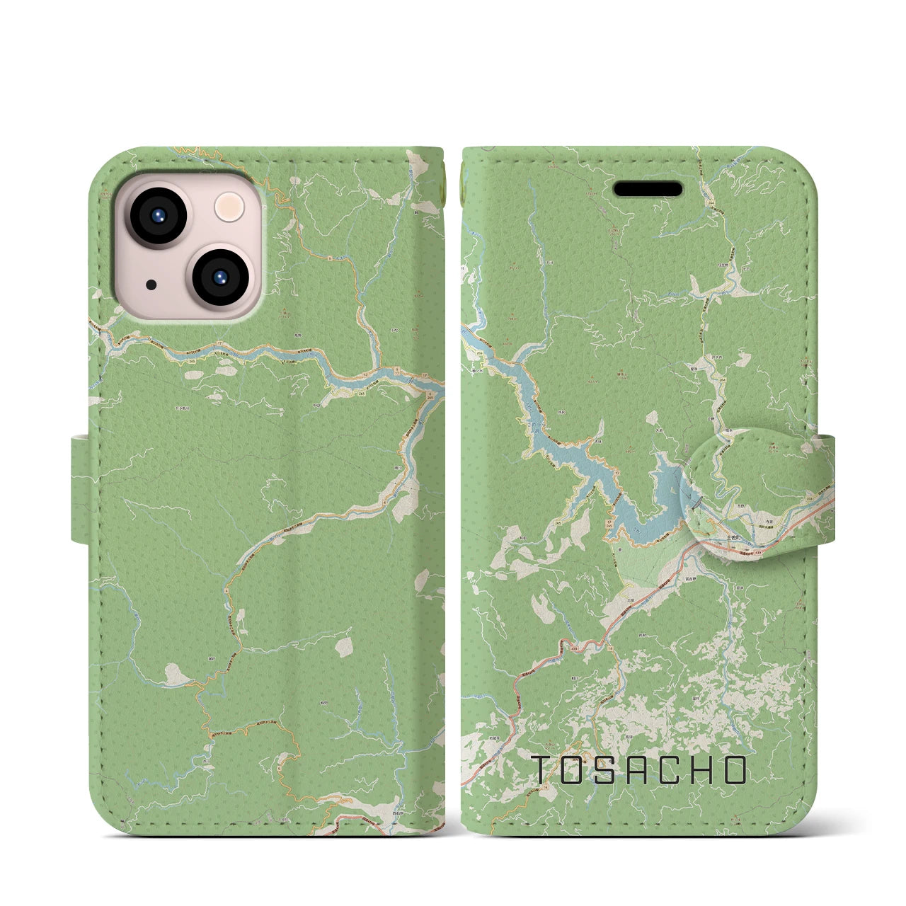 【土佐町】地図柄iPhoneケース（手帳両面タイプ・ナチュラル）iPhone 13 mini 用