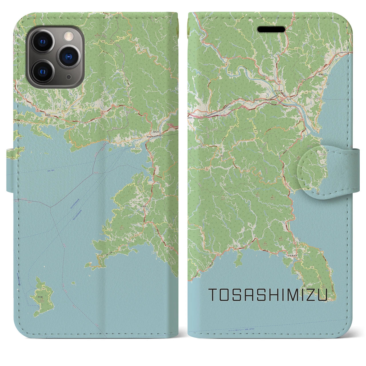 【土佐清水】地図柄iPhoneケース（手帳両面タイプ・ナチュラル）iPhone 11 Pro Max 用