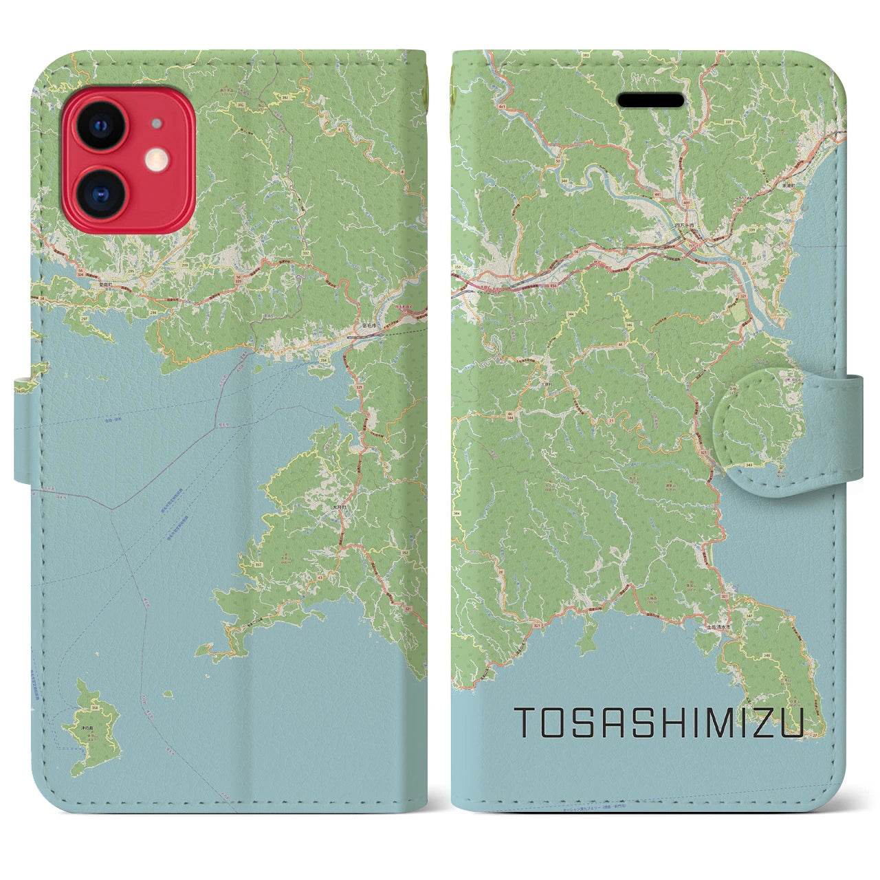 【土佐清水】地図柄iPhoneケース（手帳両面タイプ・ナチュラル）iPhone 11 用