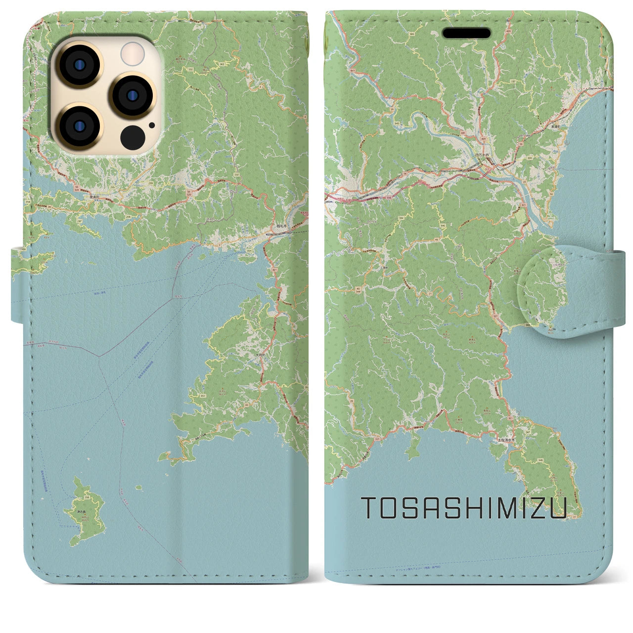 【土佐清水】地図柄iPhoneケース（手帳両面タイプ・ナチュラル）iPhone 12 Pro Max 用