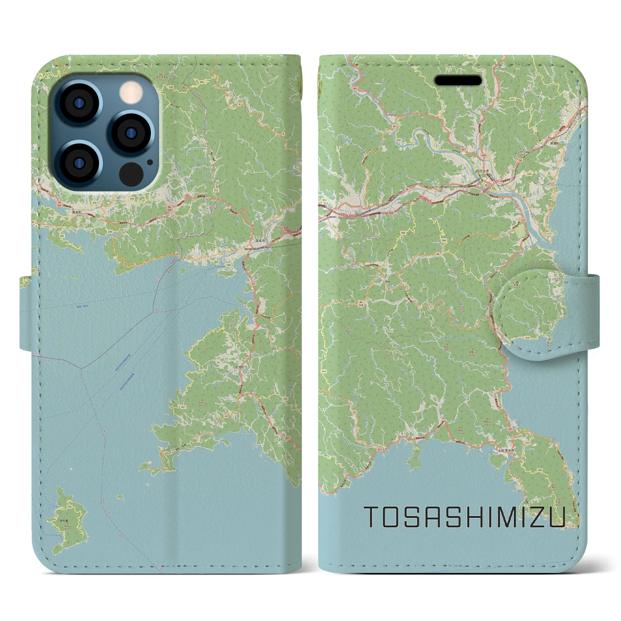 【土佐清水】地図柄iPhoneケース（手帳両面タイプ・ナチュラル）iPhone 12 / 12 Pro 用