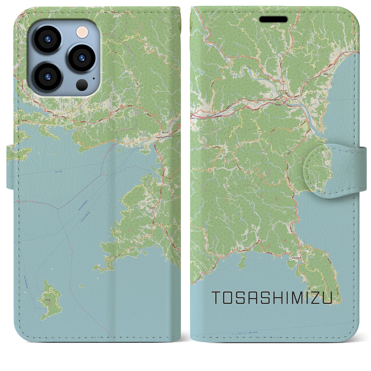 【土佐清水】地図柄iPhoneケース（手帳両面タイプ・ナチュラル）iPhone 13 Pro Max 用