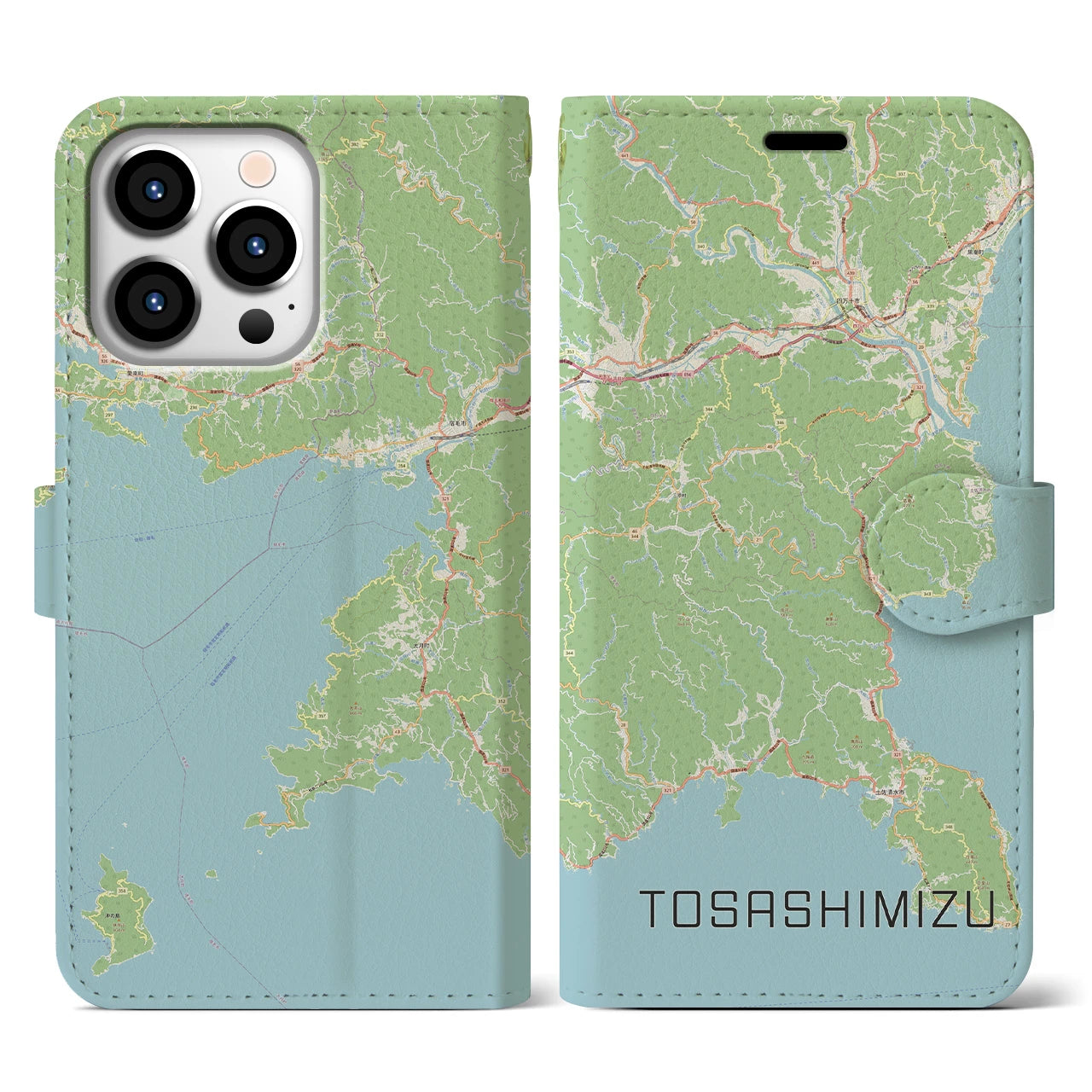 【土佐清水】地図柄iPhoneケース（手帳両面タイプ・ナチュラル）iPhone 13 Pro 用