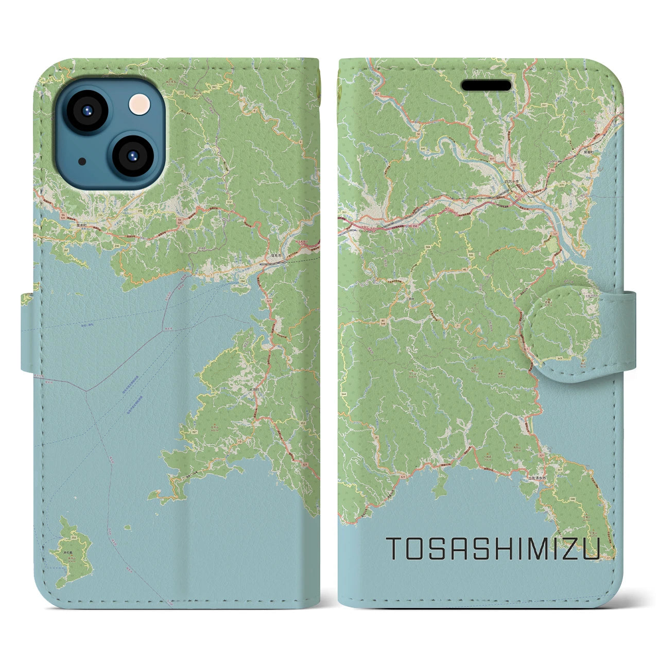 【土佐清水】地図柄iPhoneケース（手帳両面タイプ・ナチュラル）iPhone 13 用