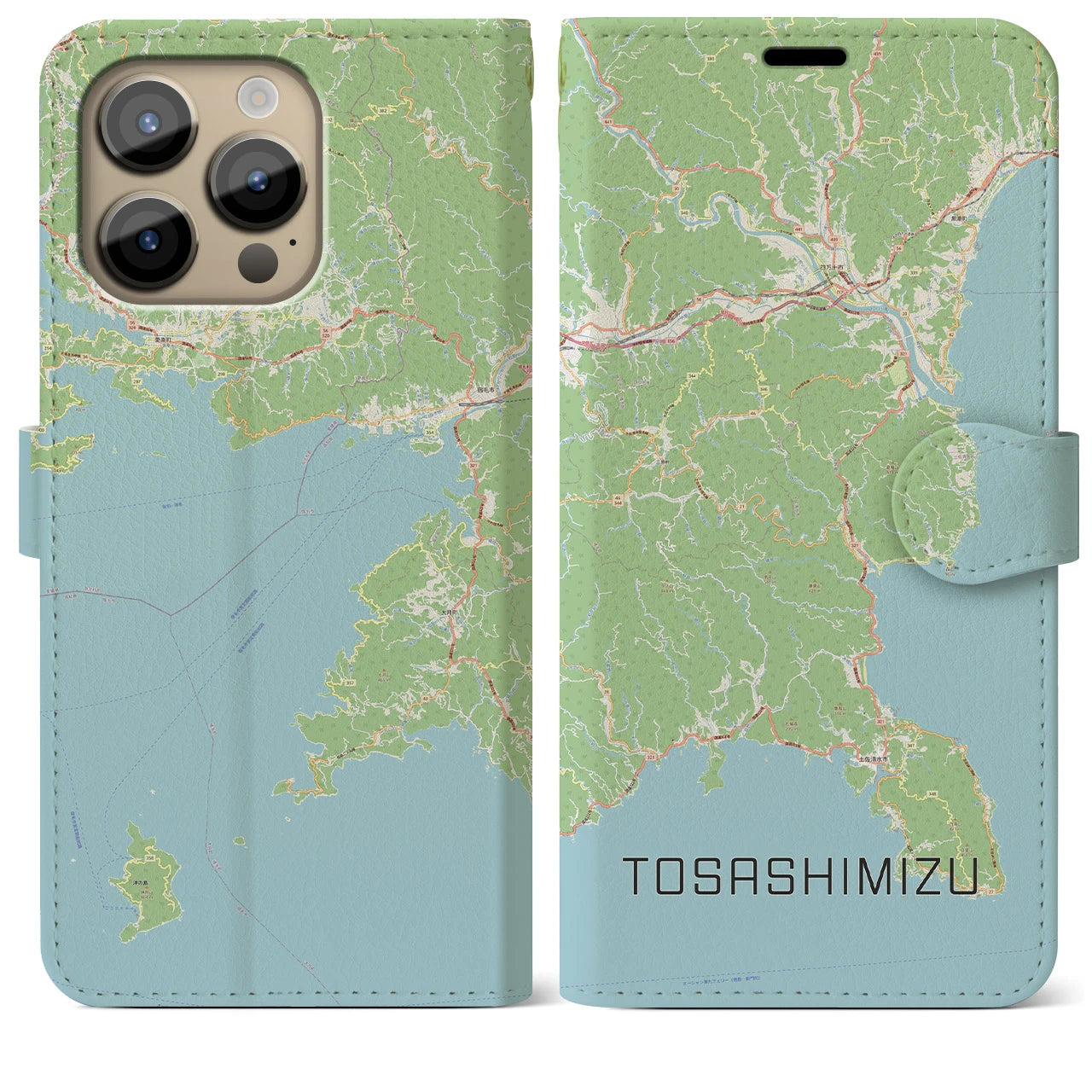 【土佐清水】地図柄iPhoneケース（手帳両面タイプ・ナチュラル）iPhone 14 Pro Max 用