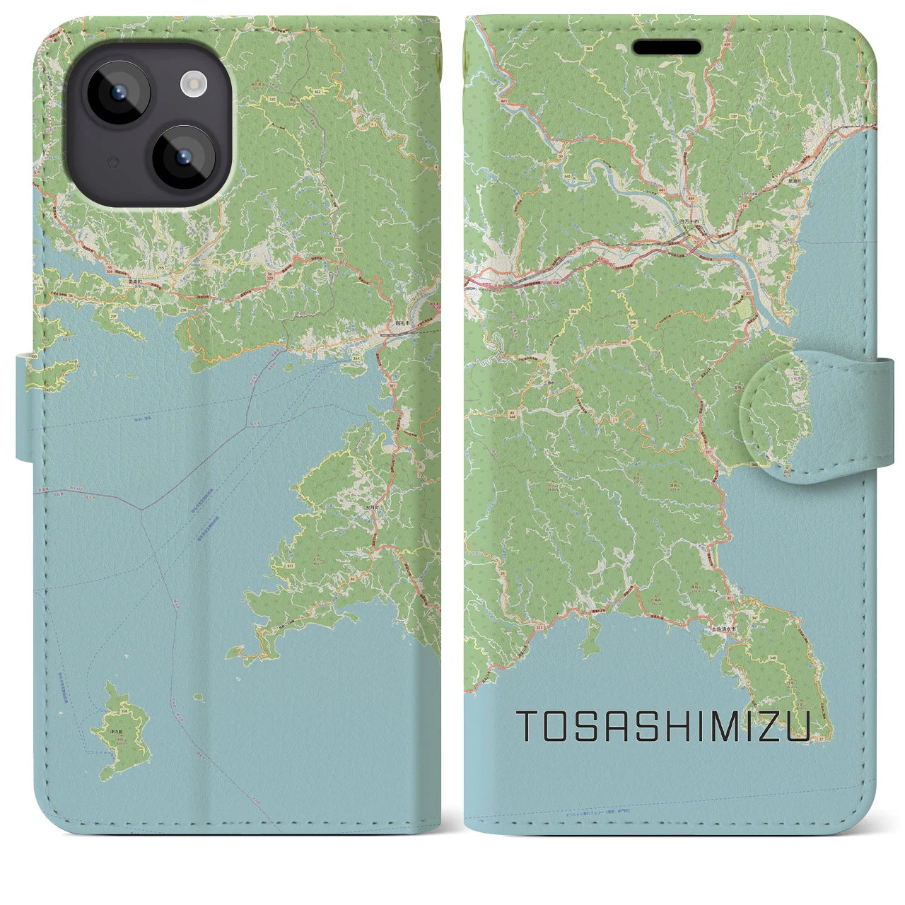 【土佐清水】地図柄iPhoneケース（手帳両面タイプ・ナチュラル）iPhone 14 Plus 用