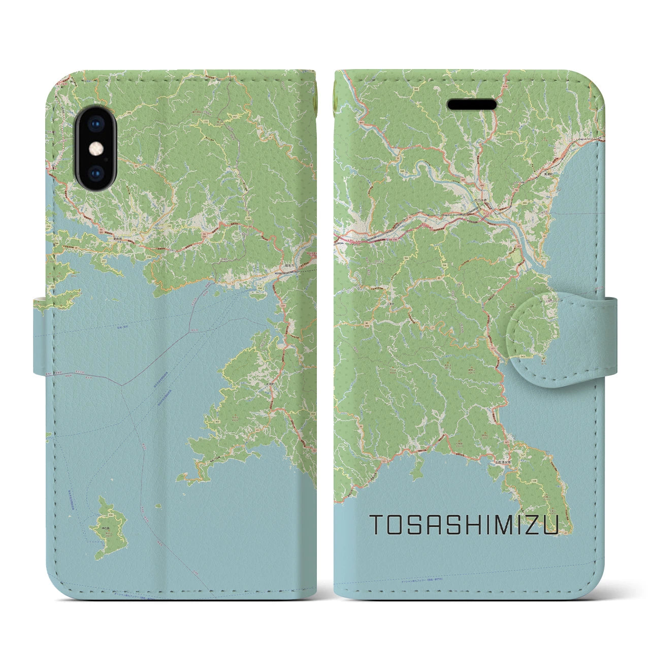 【土佐清水】地図柄iPhoneケース（手帳両面タイプ・ナチュラル）iPhone XS / X 用