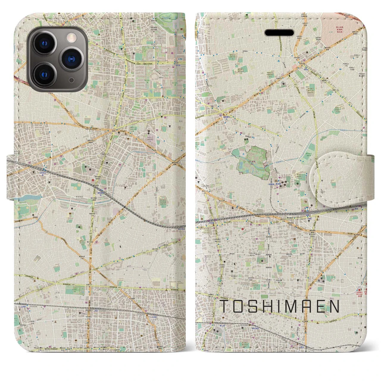 【豊島園】地図柄iPhoneケース（手帳両面タイプ・ナチュラル）iPhone 11 Pro Max 用
