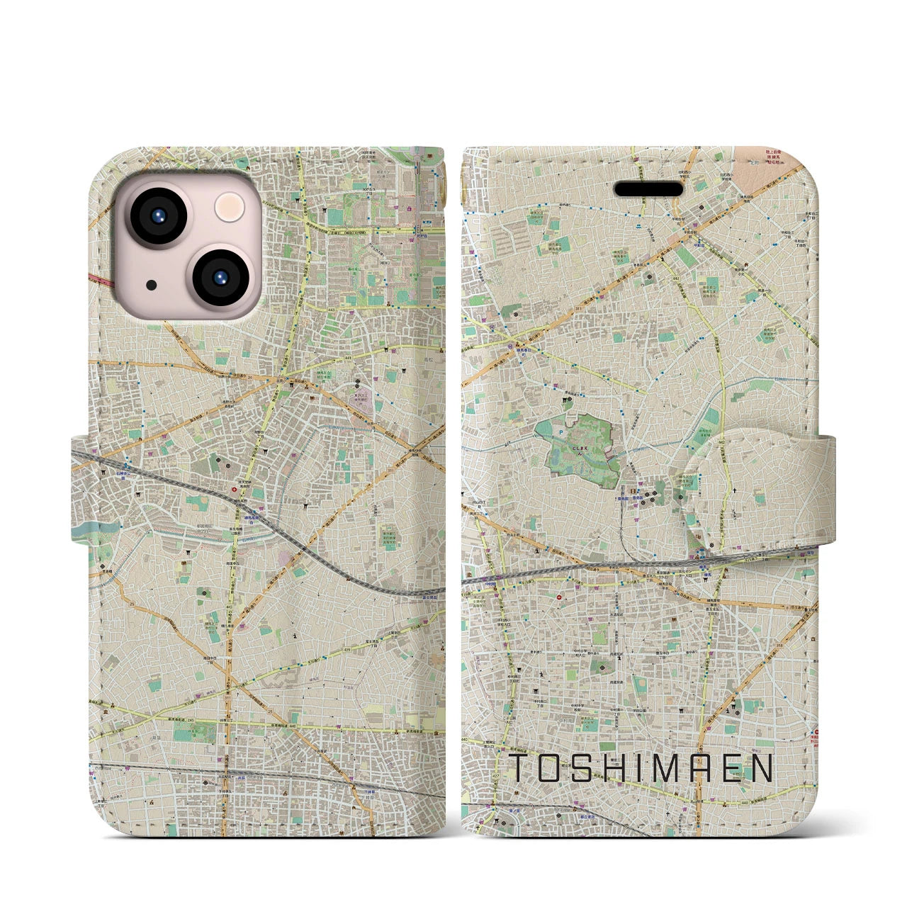 【豊島園】地図柄iPhoneケース（手帳両面タイプ・ナチュラル）iPhone 13 mini 用
