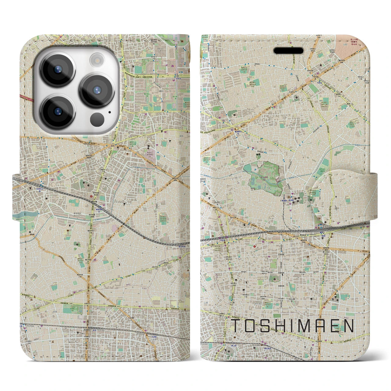 【豊島園】地図柄iPhoneケース（手帳両面タイプ・ナチュラル）iPhone 14 Pro 用