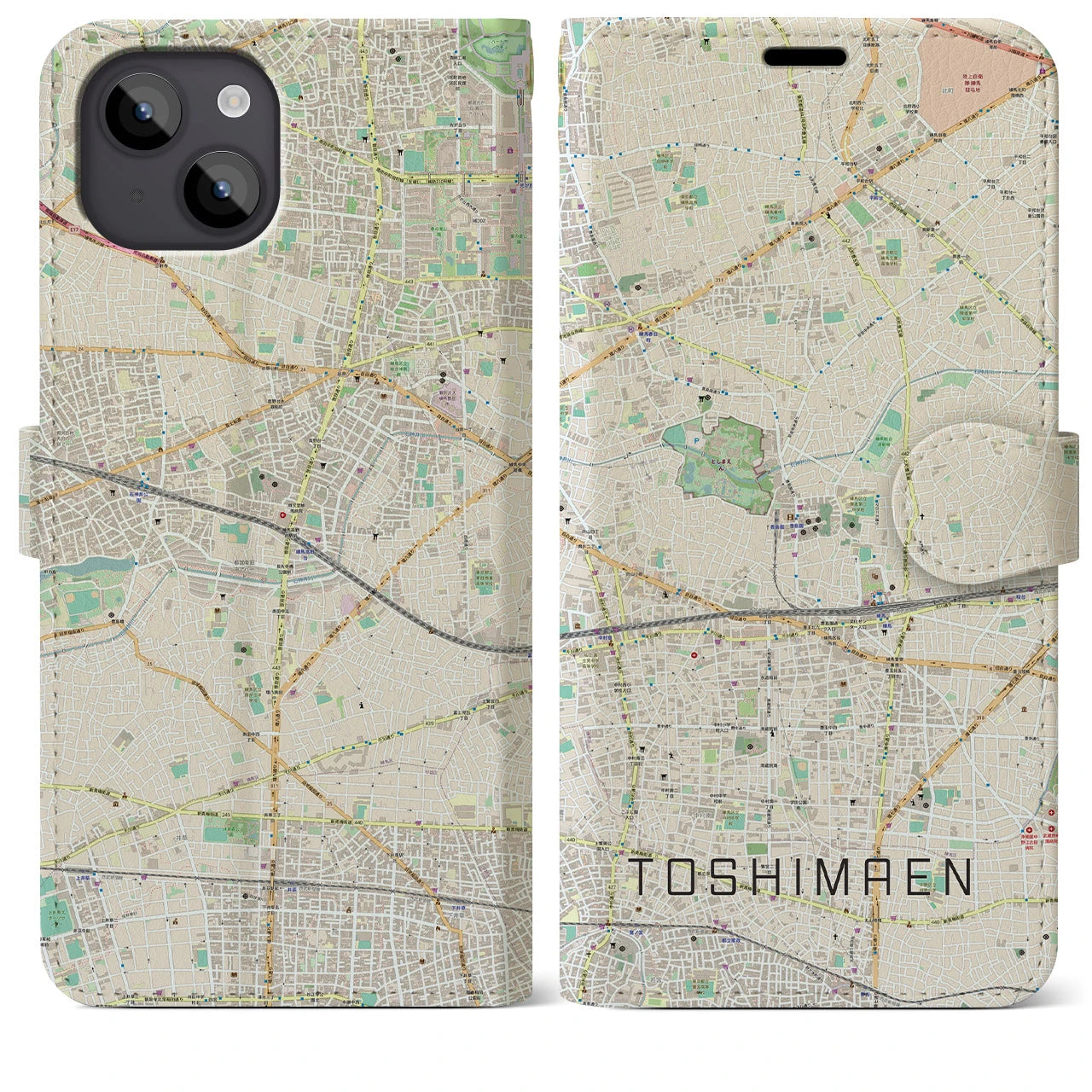 【豊島園】地図柄iPhoneケース（手帳両面タイプ・ナチュラル）iPhone 14 Plus 用