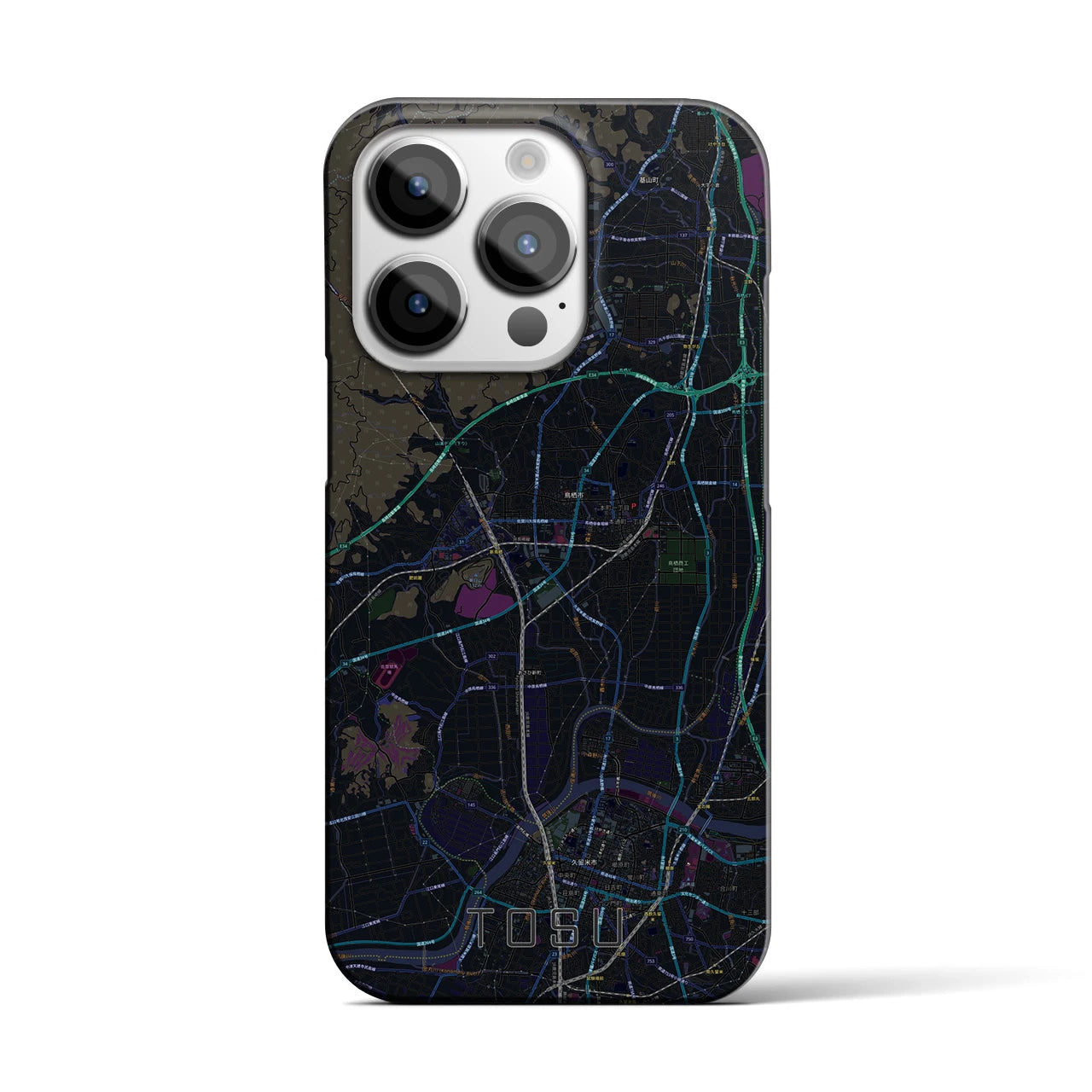 【鳥栖】地図柄iPhoneケース（バックカバータイプ・ブラック）iPhone 14 Pro 用