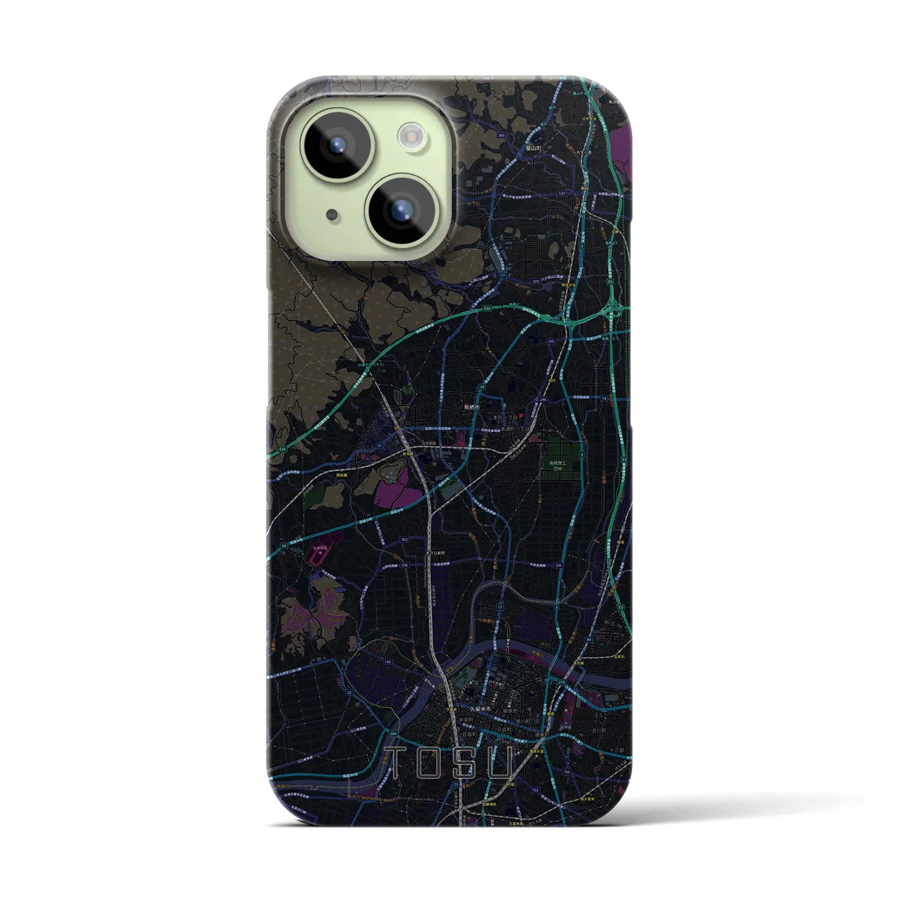 【鳥栖】地図柄iPhoneケース（バックカバータイプ・ブラック）iPhone 15 用