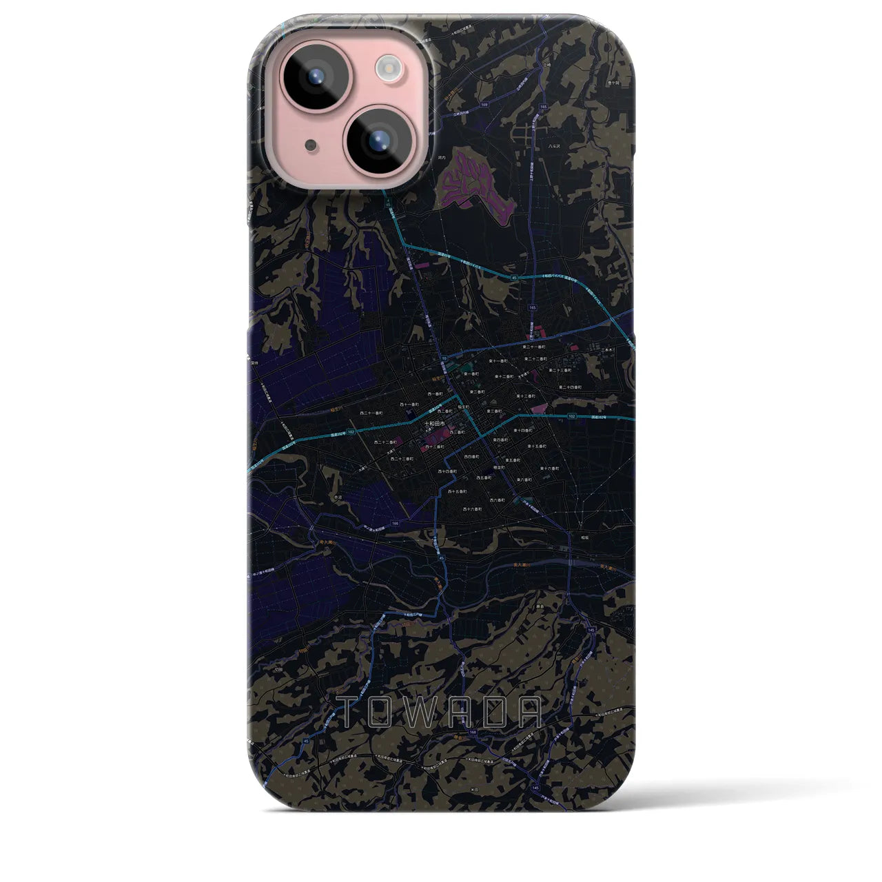 【十和田】地図柄iPhoneケース（バックカバータイプ・ブラック）iPhone 15 Plus 用