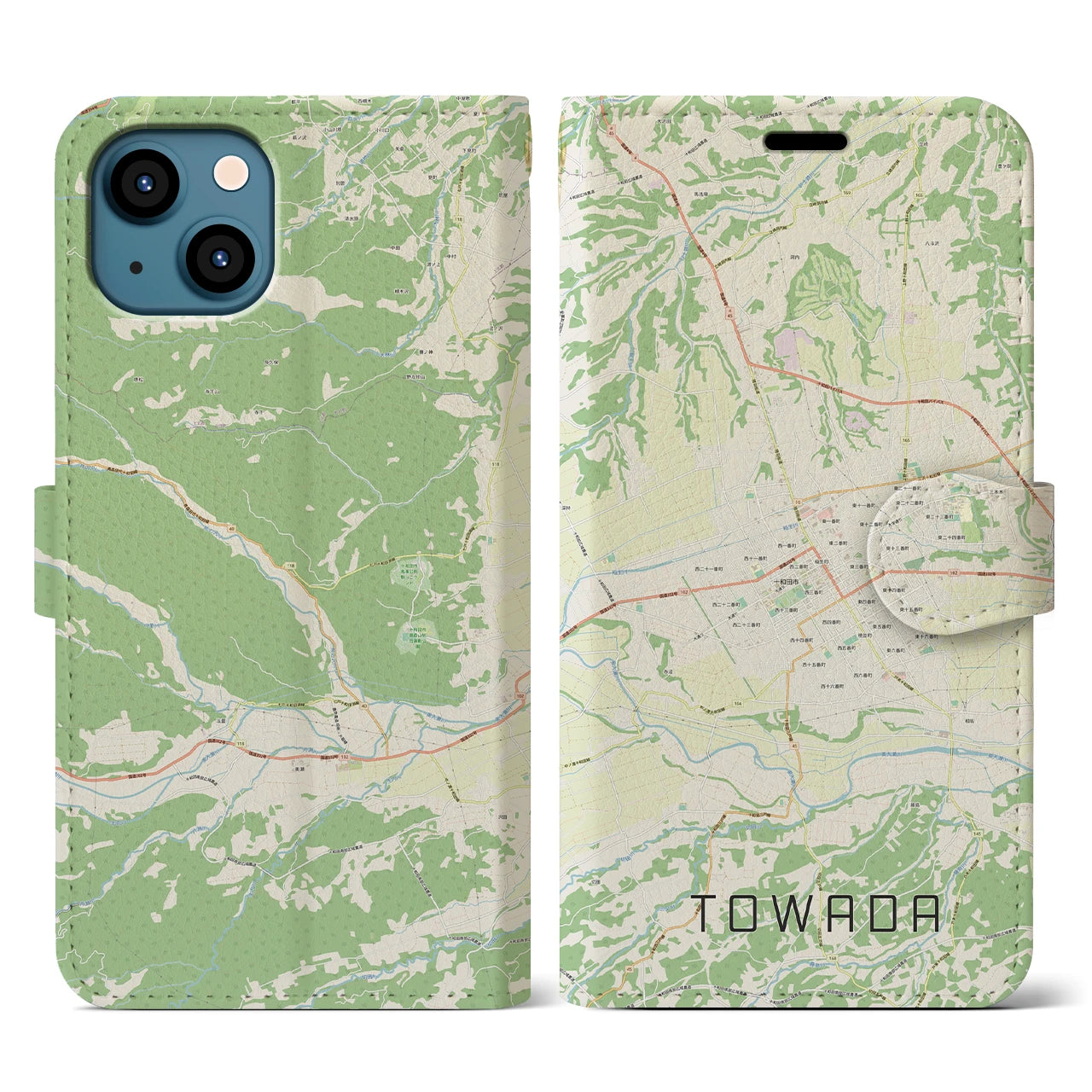【十和田】地図柄iPhoneケース（手帳両面タイプ・ナチュラル）iPhone 13 用