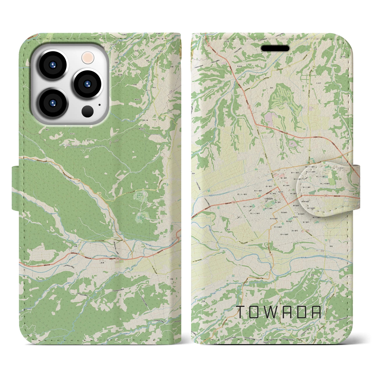 【十和田】地図柄iPhoneケース（手帳両面タイプ・ナチュラル）iPhone 13 Pro 用