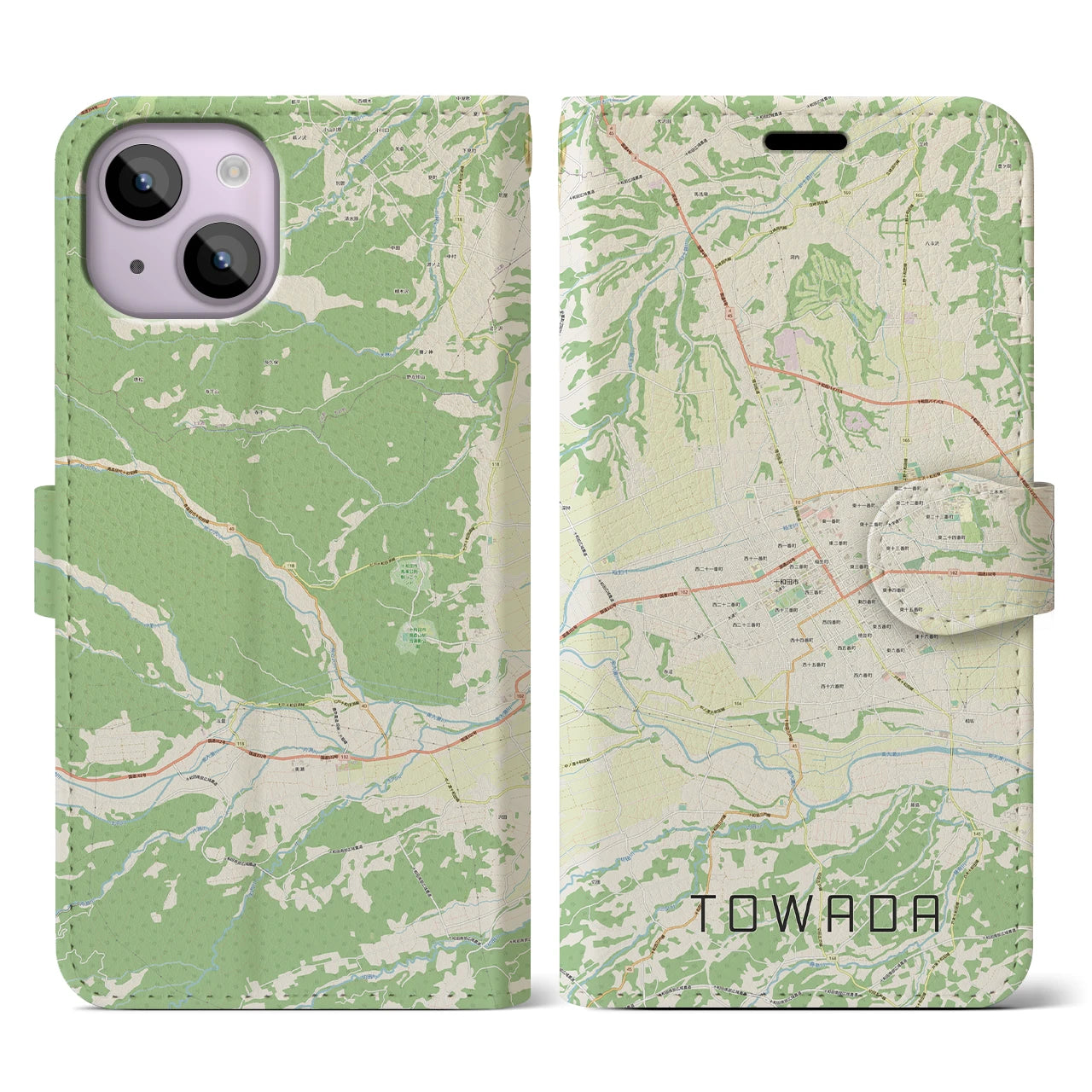 【十和田】地図柄iPhoneケース（手帳両面タイプ・ナチュラル）iPhone 14 用