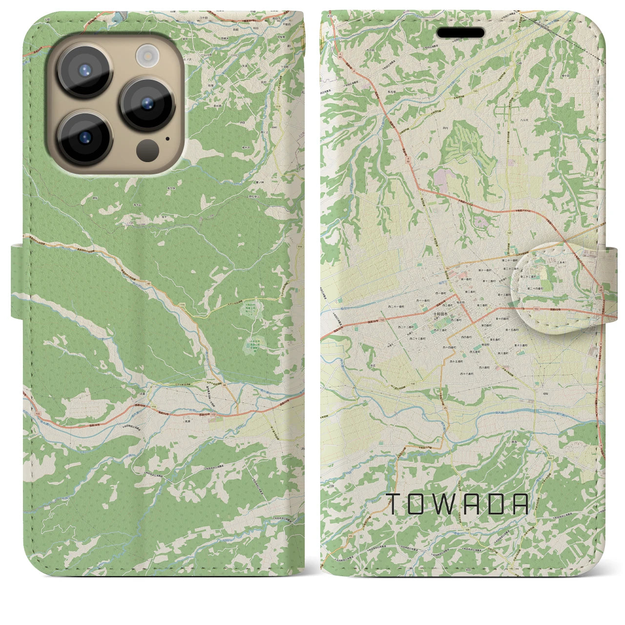 【十和田】地図柄iPhoneケース（手帳両面タイプ・ナチュラル）iPhone 14 Pro Max 用