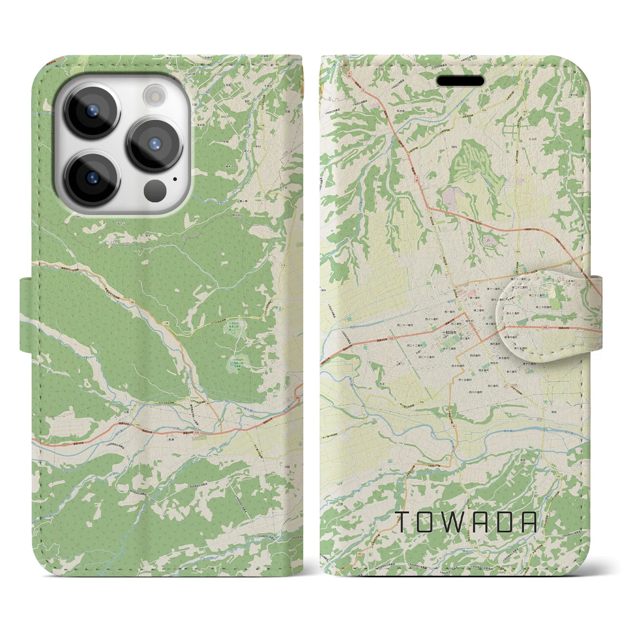 【十和田】地図柄iPhoneケース（手帳両面タイプ・ナチュラル）iPhone 14 Pro 用