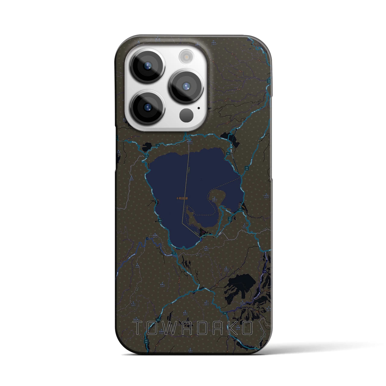 【十和田湖】地図柄iPhoneケース（バックカバータイプ・ブラック）iPhone 14 Pro 用