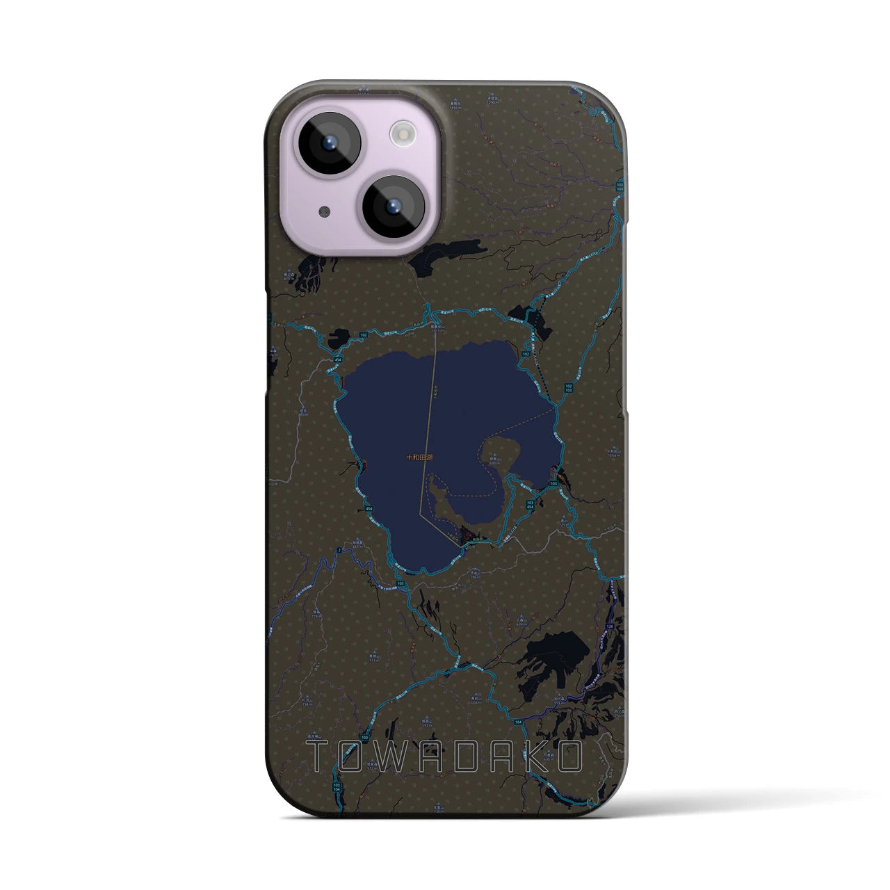 【十和田湖】地図柄iPhoneケース（バックカバータイプ・ブラック）iPhone 14 用